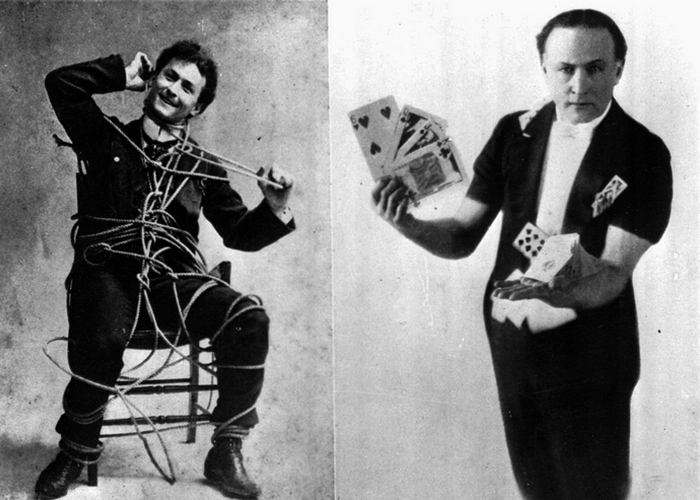 Magician Harry Houdini performs a rope escape, left, and a card trick in these undated photos.  (AP Photo)
