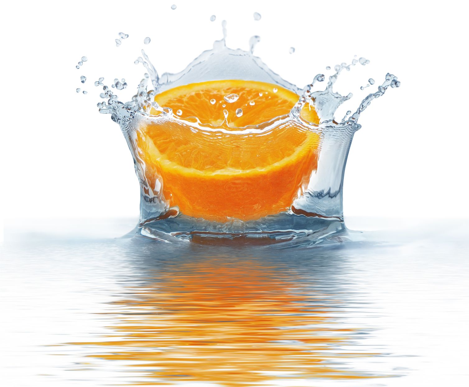 9027829 - orange falls into the water isolated on a white background. splash water.
